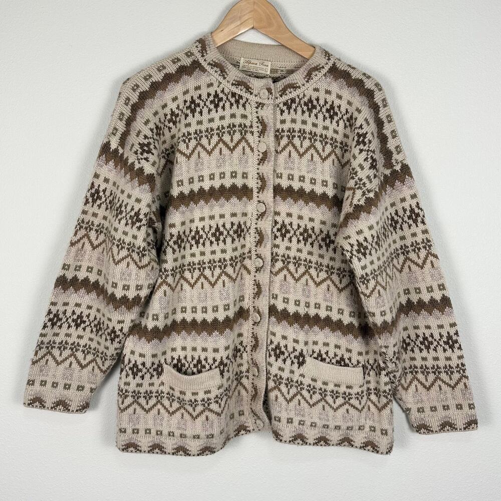 Vintage Alpaca Fina Peruvian Alpaca Cardigan Fair Isle Nordic Sweater L